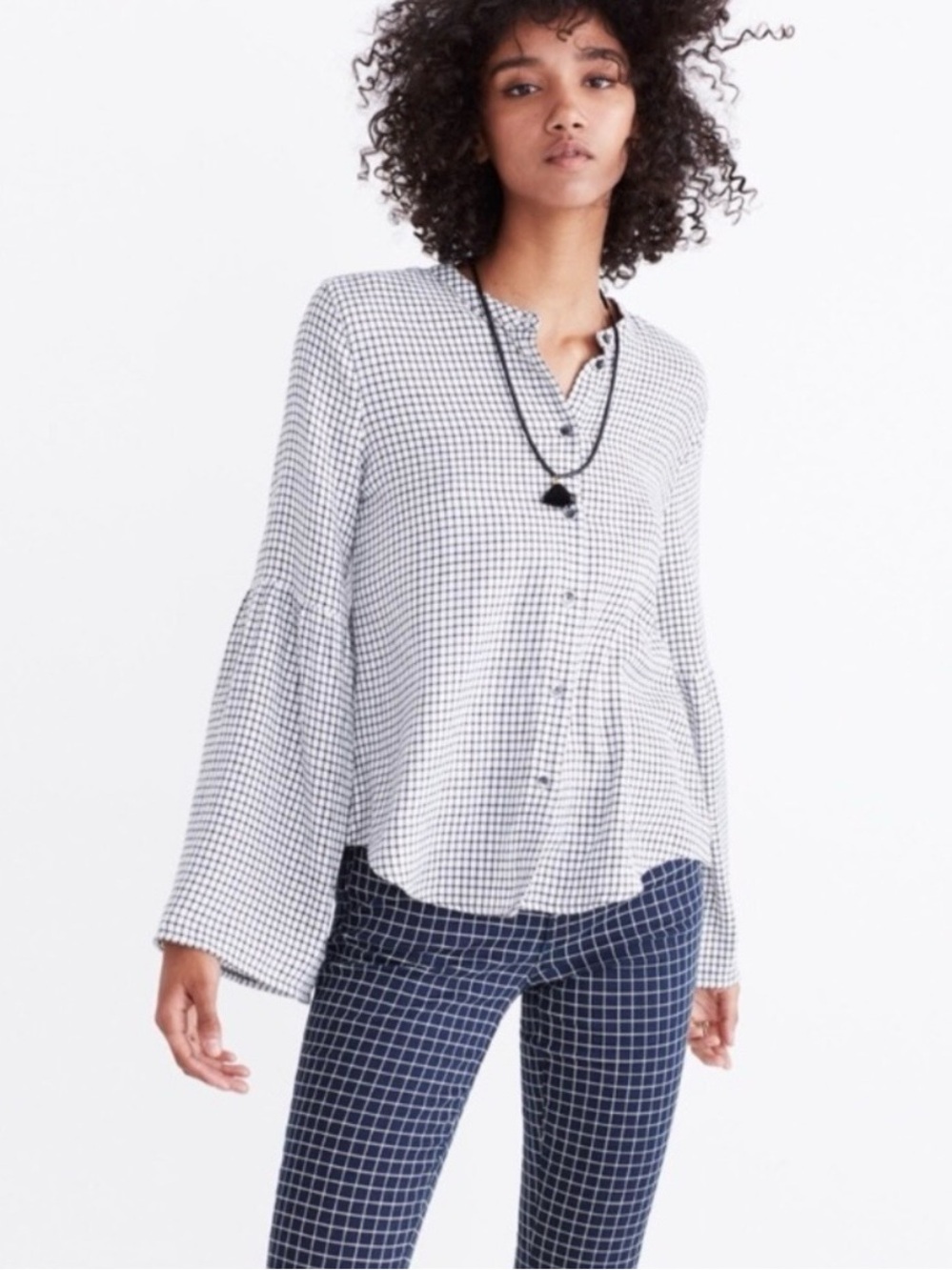 Madewell plaid button up long bell sleeve top